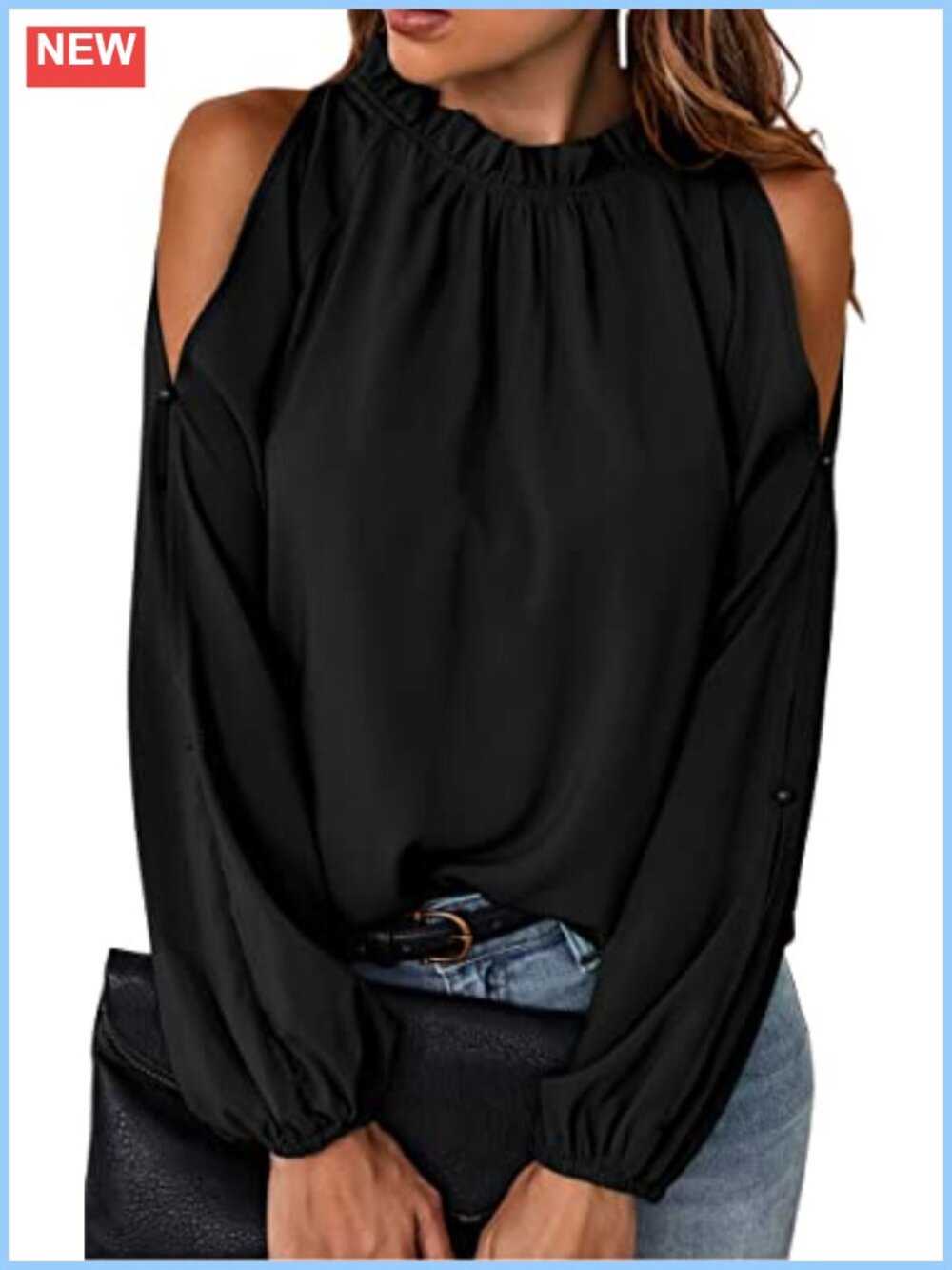 Womens Chiffon Cold Shoulder Ruffle Collar Blouse Long Sleeve Work Top